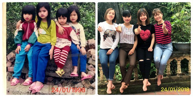 Trào lưu khoe ảnh 'ai rồi cũng lớn chỉ tình cảm không đổi' gây sốt 4 chị em họ từ trái qua phải Nguyễn Thị Thơm (sinh năm 1994), Trần Thị Đào (sinh năm 1991), Đỗ Thị Hiền (sinh năm 1994) và Đỗ Thị Oanh (sinh năm 1992) (ảnh: NVCC)