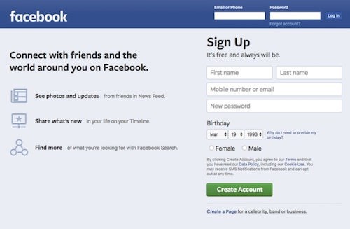 Facebook lấy thông tin của bạn thế nào Màn hình đăng ký của Facebook.