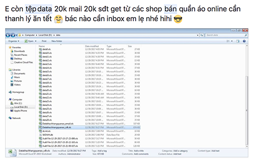 Dữ liệu người dùng Facebook được bán công khai tại Việt Nam Một bài rao bán dữ liệu khách hàng gồm số điện thoại và email lấy từ các fanpage và nhóm Facebook.