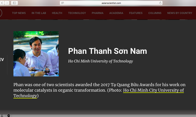 Hai tiến sĩ Việt lọt tốp 100 nhà khoa học hàng đầu châu Á 2018 Thông tin về GS.TS Phan Thanh Sơn Nam trên tạp chí Asian Scientist