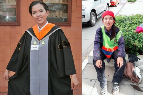 Tốt nghiệp đại học, cô cử nhân chọn nghề quét rác Suwanan chia sẻ bức ảnh một bên mặc đồ cử nhân, một bên mặc đồ công nhân vệ sinh đường phố. Ảnh: News18.