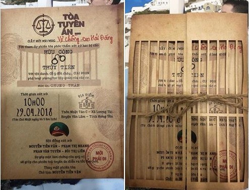 Thiệp cưới 'Toà tuyên án' của đôi trẻ Hà thành Nhiều dân mạng tỏ ra thích thú với thiệp cưới của đôi uyên ương Hữu Công - Thủy Tiên. Ảnh chụp màn hình.