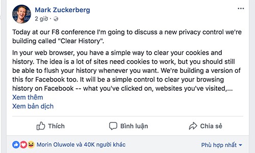 Facebook sắp cho người dùng quyền 'xóa mọi dấu vết' Bài đăng của CEO Facebook nhận được nhiều lượt quan tâm, chia sẻ.