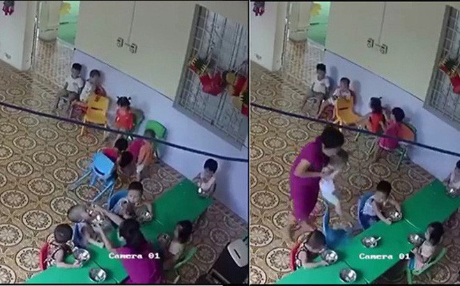 Tìm ra danh tính cô giáo nhồi nhét thức ăn, đánh trẻ tới tấp Nữ giáo viên đánh bé trai hơn 2 tuổi. Ảnh: Cắt từ clip.