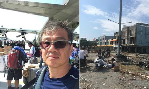 Nhân chứng sóng thần Indonesia: 'Gió rít inh tai, sóng ầm ầm đổ vào' Ng Kok Choong (ảnh trái) và các thành viên đội nhảy dù tới Palu tham dự cuộc thi nhưng bị hủy bỏ vì thảm họa động đất, sóng thần. Ảnh: CNA.
