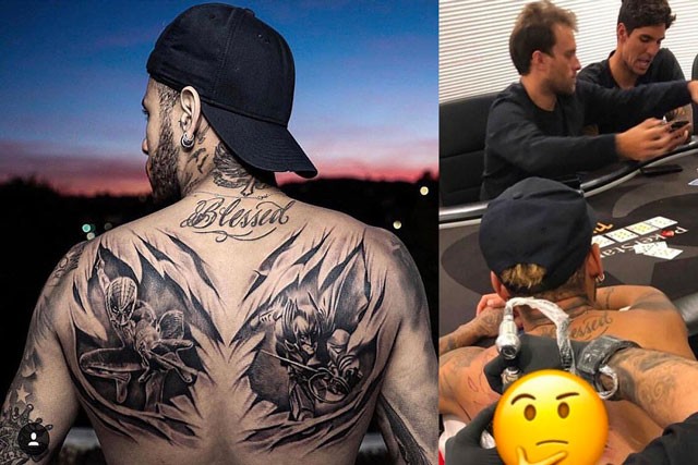 Ngôi sao Neymar lộ hình xăm... Người nhện và Batman Neymar xăm mình khi đang đánh bài poker với bạn bè.