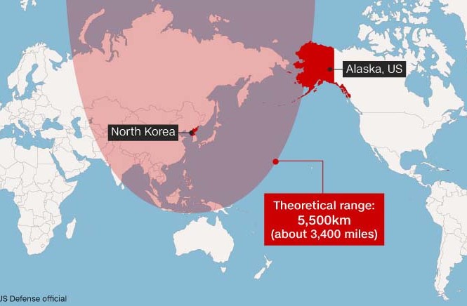 Quan chức Mỹ: Triều Tiên đang phát triển tên lửa có tầm xa 5.500 km Sơ đồ tên lửa đạn đạo xuyên lục địa của Triều Tiên có thể vươn tới Alaska, Mỹ.