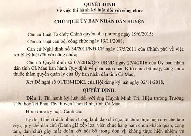 Cảnh cáo Hiệu trưởng thiếu trách nhiệm, mất dân chủ Chủ tịch UBND huyện Thới Bình quyết định cảnh cáo ông Huỳnh Minh Trí