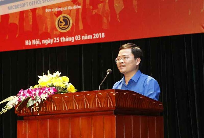 Bắt đầu vòng loại quốc gia cuộc thi MOS World Championship 2018 Bí thư thường trực T.Ư Đoàn Nguyễn Anh Tuấn phát biểu tại lễ khai mạc.
