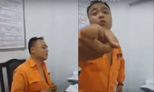 Nhân viên điện lực dọa đánh khách hàng ở Hà Nội Lương Minh Quân doạ đánh khách hàng. Ảnh cắt từ clip.