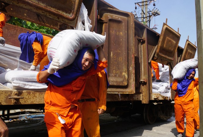 Cước vận tải đường sắt chỉ bằng nửa đường bộ nhưng ít khách Việc chuyển tài hàng hoá từ đường sắt sang tàu biển tại cảng Hoàng Diệu (Hải Phòng) vẫn bằng biện pháp thủ công.