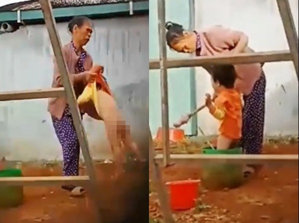 Đắk Nông: Một cháu bé bị bạo hành giữa trời đông Đứa trẻ bị bạo hành. Ảnh cắt từ clip