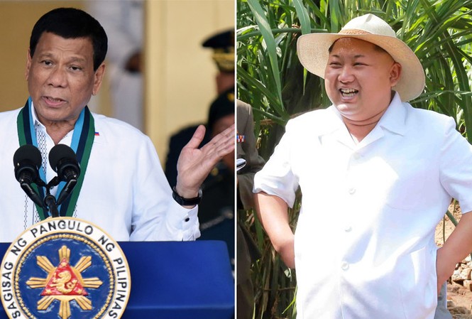 Tổng thống Philippines gọi ông Kim Jong-un là ‘anh hùng’ Tổng thống Philippines Rodrigo Duterte (trái) và Chủ tịch Triều Tiên Kim Jong-un (phải). Ảnh: Reuters