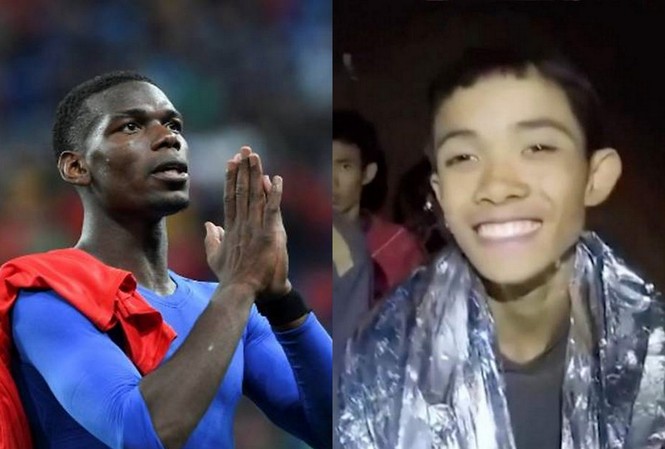 Paul Pogba tặng chiến thắng của tuyển Pháp cho đội bóng Thái Lan Paul Pogba (trái) và cầu thủ nhí Thái Lan (phải).