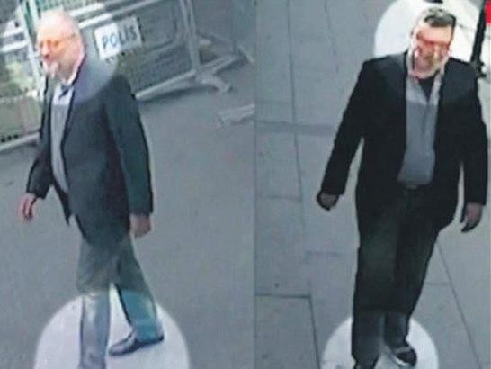 Thêm chi tiết rùng rợn về khoảnh khắc nhà báo Khashoggi bị ám sát Nhà báo Jamal Khashoggi (trái) và ông Mustafa al-Madaini (phải) - người cải trang thành Khashoggi rời khỏi lãnh sự quán. Ảnh cắt từ video an ninh