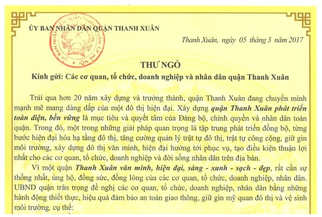 Lãnh đạo quận Hà Nội gửi thư ngỏ về vỉa hè Bức thư ngỏ của Chủ tịch quận Thanh Xuân
