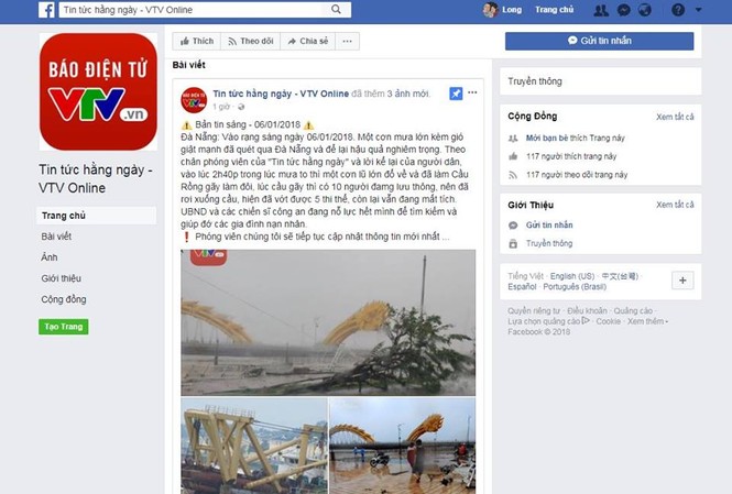 Xuất hiện Facebook giả mạo VTV đăng tin thất thiệt về Đà Nẵng Trang Facebook giả mạo VTV mạng đăng tải thông tin hình ảnh thất thiết về Đà Nẵng. Ảnh chụp màn hình