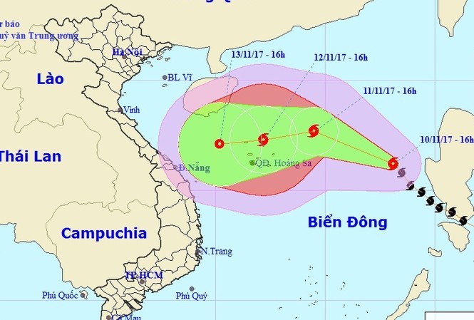 Bão số 13 diễn biến rất phức tạp, khó lường Dự báo đường đi của bão số 13. Ảnh: Trung tâm Dự báo Khí tượng Thuỷ văn Trung ương.