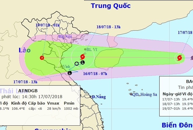 Bão Sơn Tinh dự kiến đổ bộ từ Hải Phòng đến Hà Tĩnh Dự kiến chiều tối 18/7, bão Sơn Tinh sẽ đổ bộ vào vùng Hải Phòng đến Hà Tĩnh