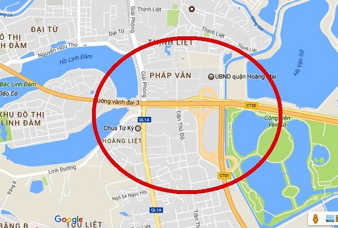 Đề xuất chi gần 2.000 tỷ đồng cải tạo nút giao Pháp Vân Khu vực nút giao Pháp Vân (khoanh tròn)