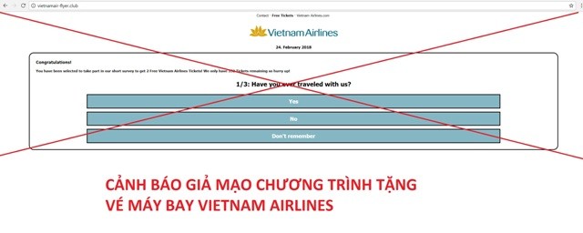 Giả mạo Vietnam Airlines tặng vé máy bay, lấy thông tin cá nhân Giả mạo Vietnam Airlines tặng vé máy bay, lấy thông tin cá nhân