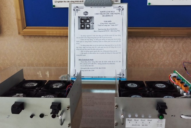 Kiểm tra hoạt động Tuổi trẻ sáng tạo trong Quân đội Công trình Khối làm mát cho trạm gốc Trunking BS-400PLUS của đại uý Đinh Bá Bình (Binh chủng Thông tin liên lạc) được lựa chọn tham gia Giải thưởng TTST trong Quân đội lần thứ XVIII