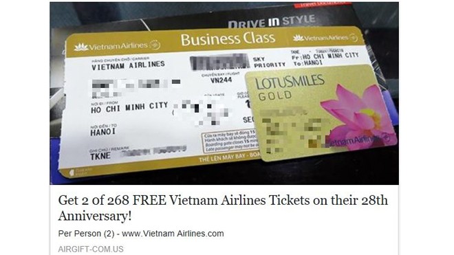 Giả mạo tặng vé máy bay để lấy thông tin cá nhân Giả mạo tặng vé máy bay để lấy thông tin cá nhân