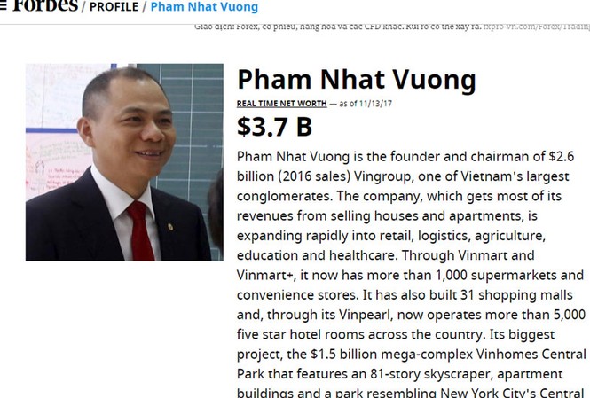 Tài sản của ông chủ Vingroup lên đến 4,8 tỷ USD, vượt cả Tổng thống Trump Tài sản của ông chủ Vingroup lên đến 4,8 tỷ USD, vượt cả Tổng thống Trump