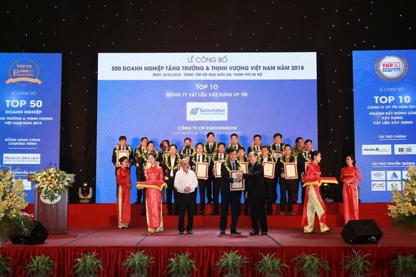 Eurowindow 'tăng hạng' trong Top 10 công ty Vật liệu xây dựng uy tín Ông Vũ Trọng Trung, Phó TGĐ phụ trách kỹ thuật và sản xuất Eurowindow nhận giải thưởng Top 10 công ty vật liệu xây dựng uy tín năm 2018.