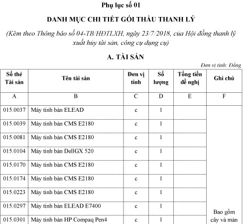 Thông báo bán đấu giá thanh lý tài sản, công cụ dụng cụ hỏng Thông báo bán đấu giá thanh lý tài sản, công cụ dụng cụ hỏng