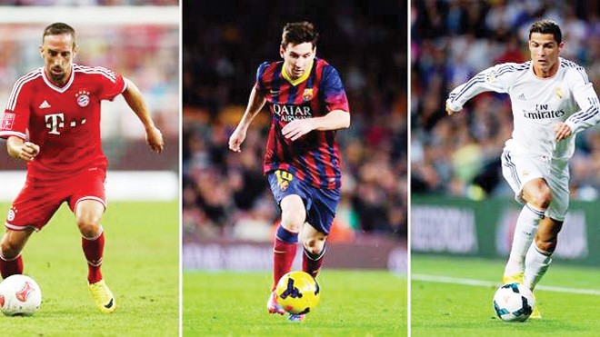 Ronaldo tự tin chặn đứng kỷ nguyên Messi Ai sẽ là người nhận danh hiệu cá nhân cao quý hôm nay trong ba ứng viên Ribery, Messi và Ronaldo?. Ảnh: Getty Images