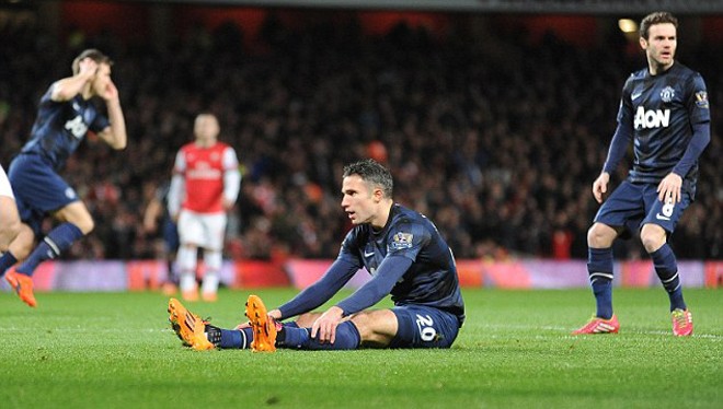 Khi đại chiến trở thành nỗi sợ hãi Van Persie bỏ lỡ cơ hội tốt nhất ghi bàn vào lưới đội bóng cũ Arsenal. ảnh: Dailymail