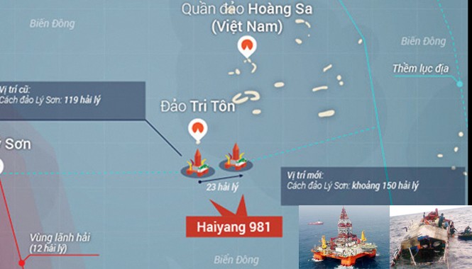 Giàn khoan 981 vẫn nằm trong thềm lục địa Việt Nam Vị trí mới của giàn khoan 981 (ảnh lớn-nguồn Vnexpress, đồ họa của Đồng Nguyên Anh), Giàn khoan 981 và tàu ngư dân Lý Sơn từng bị tàu Trung Quốc đâm chìm.