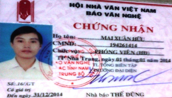 Loạn nhà báo rởm Mặt trong giấy giới thiệu của ông Mai Xuân Hữu được in như thẻ nhà báo