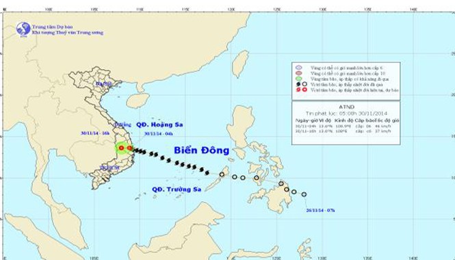Bão số 4 suy yếu thành áp thấp nhiệt đới, nhiều nơi mưa to Đường đi và vị trí cơn bão. Ảnh TTKTTVTW.