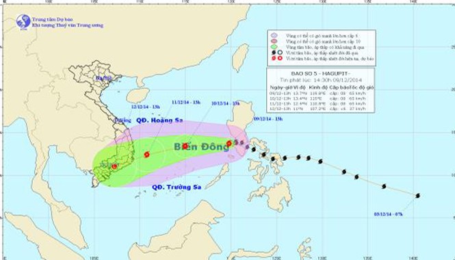Bão Hagupit tràn vào biển Đông, gió giật cấp 10 Hướng di chuyển của bão số 5. Ảnh: Trung tâm Dự báo khí tượng thủy văn TƯ.