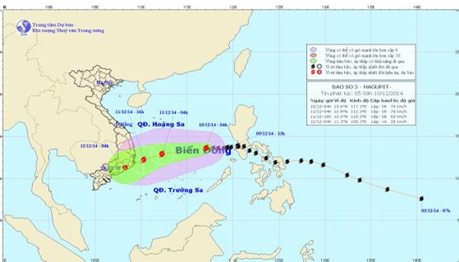 Bão Hagupit có khả năng đổi hướng và mạnh lên Hướng di chuyển của bão số 5. Ảnh: Trung tâm Dự báo khí tượng thủy văn TƯ.