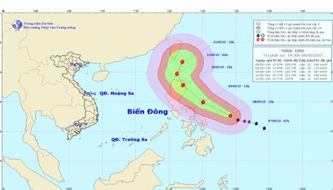 Bão mạnh cấp 17 đang tiến vào biển Đông Vị trí và đường đi của bão NOUL. Ảnh: Trung tâm Dự báo khí tượng thủy văn TƯ.