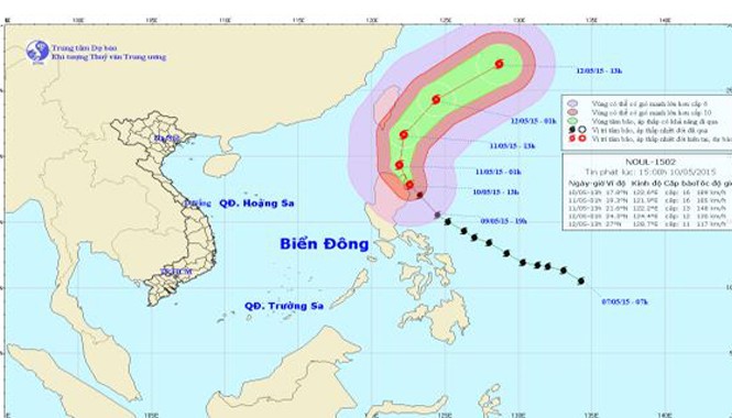 Bão Noul tiếp tục mạnh lên và đạt cấp siêu bão Vị trí và đường đi của siêu bão NOUL. Ảnh: Trung tâm Dự báo khí tượng thủy văn TƯ.
