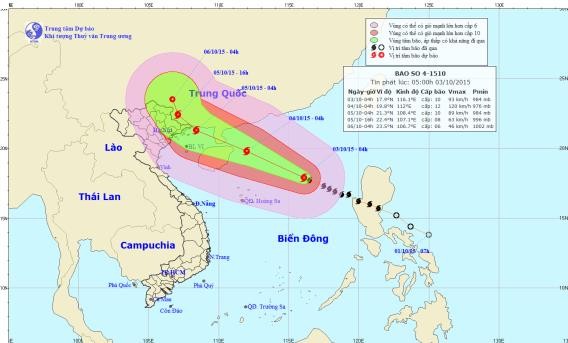 Bão số 4 mạnh thêm, giật cấp 14, 15 Dự báo đường đi và khu vực ảnh hưởng của bão cơn bão số 4. Ảnh: Trung tâm Dự báo khí tượng thủy văn TƯ.