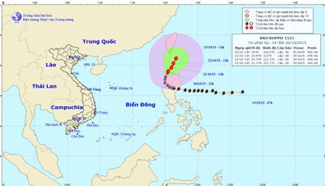 Bão Koppu di chuyển dị thường, liên tục đổi hướng Bão Koppu di chuyển khá dị thường. Ảnh Trung tâm Dự báo Khí tượng Thủy văn Trung ương.