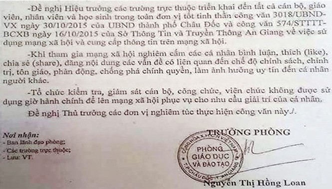 An Giang: Cấm giáo viên bình luận về người khác trên Facebook Công văn của Phòng Giáo dục và Đào tạo TP Châu Đốc, An Giang. Ảnh: CTV.