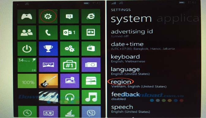 Mở cửa thanh toán khi mua ứng dụng trên Windows Phone Store Đầu tiên truy cập vào biểu tượng hình bánh răng (Settings), chọn Region để chọn vùng.
