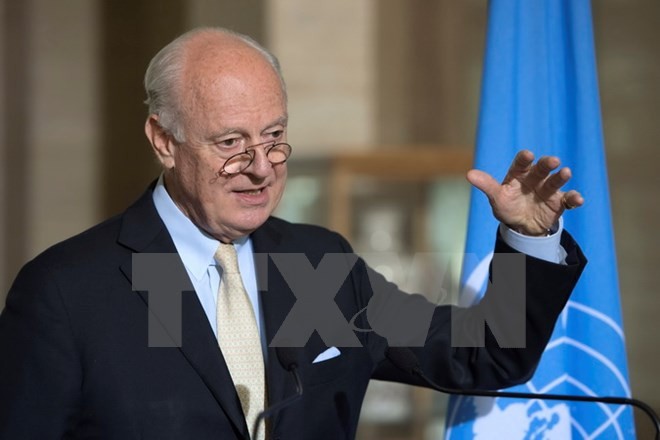 Bản tin chiều: Pháp kêu gọi ngừng bắn ở Syria Đặc phái viên Liên hợp quốc, ông Staffan de Mistura, phát biểu tại trụ sở Liên minh châu Âu ở Geneva (Thụy Sỹ) ngày 26/5. (Nguồn: EPA/TTXVN)