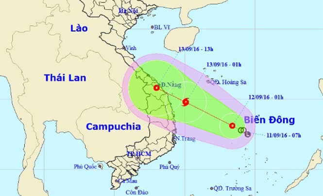 Áp thấp nhiệt đới có khả năng mạnh lên thành bão Vị trí và dự báo đường đi của cơn bão. Nguồn: Trung tâm dự báo khí tượng thủy văn Trung ương.