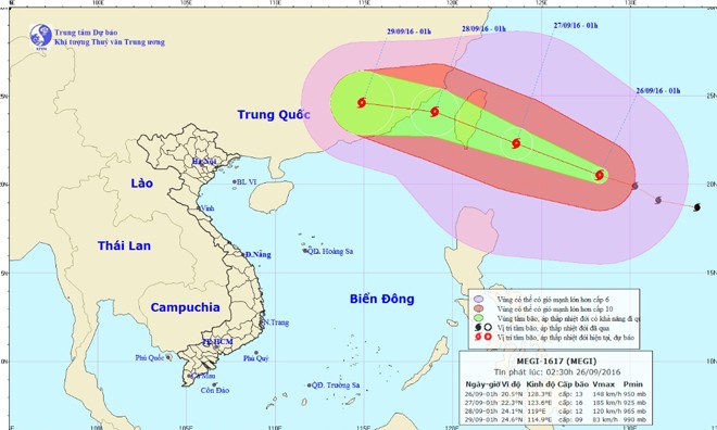 Bão Megi giật trên cấp 14 gần biển Đông Vị trí và dự báo đường đi của cơn bão MEGI. Nguồn: Trung tâm Dự báo Khí tượng Thủy văn Trung ương.