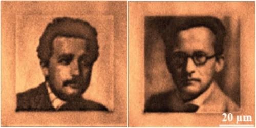 Dùng kim cương làm 'thẻ nhớ vĩnh cửu' Ảnh hai nhà vật lý Einstein và Schoerdinger được mã hóa và lưu trữ lên kim cương. Ảnh: Carlos A. Meriles/Siddharth Dhomkar