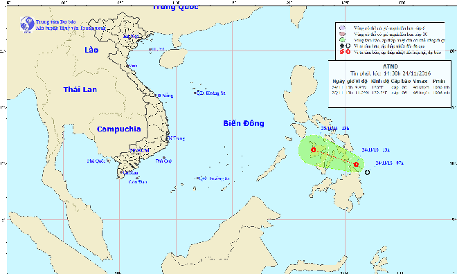 Xuất hiện áp thấp nhiệt đới gần biển Đông Dự báo đường đi của áp thấp nhiệt đới. Ảnh: NCHMF.