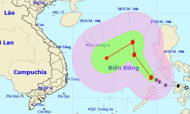 Bão số 9 vào biển Đông, gió giật cấp 10 Hướng đi của bão số 9 theo dự báo của Trung tâm dự báo khí tượng thủy văn Trung ương. Ảnh: NCHMF.