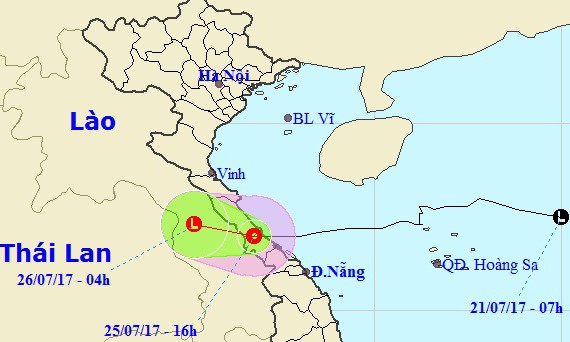 Bão số 4 suy yếu thành áp thấp nhiệt đới Vị trí và đường đi của bão số 4. Nguồn: nchmf.gov.vn.